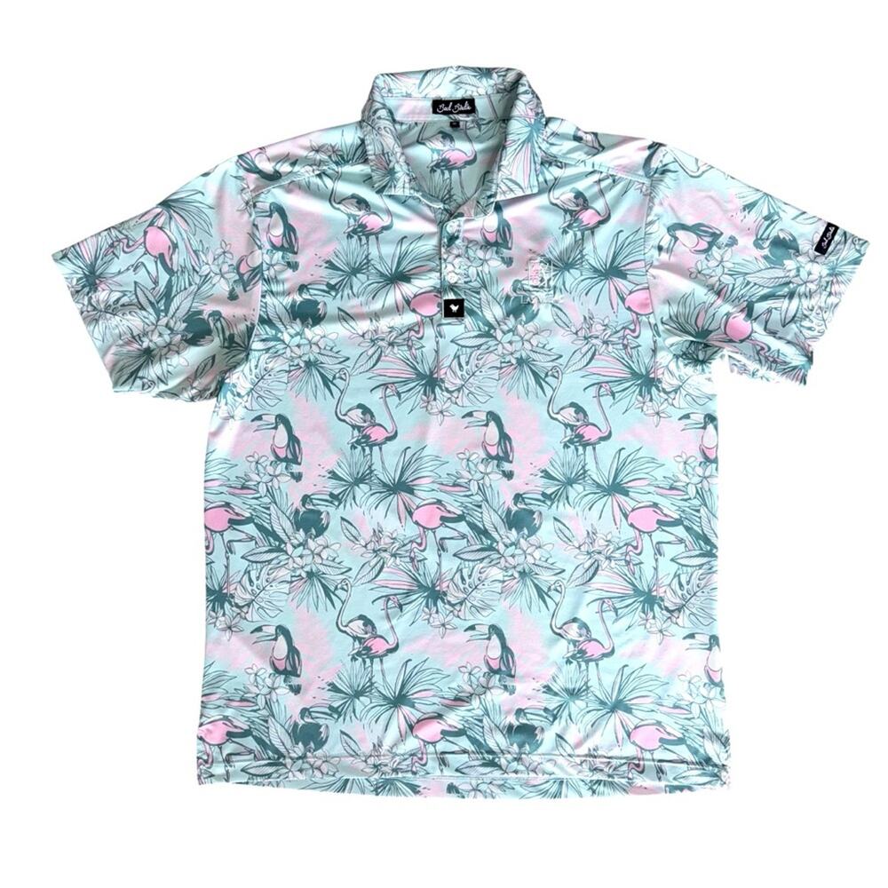 BAD BIRDIE Men’s Pink Toucan Print Short Sleeve Golf Polo Shirt